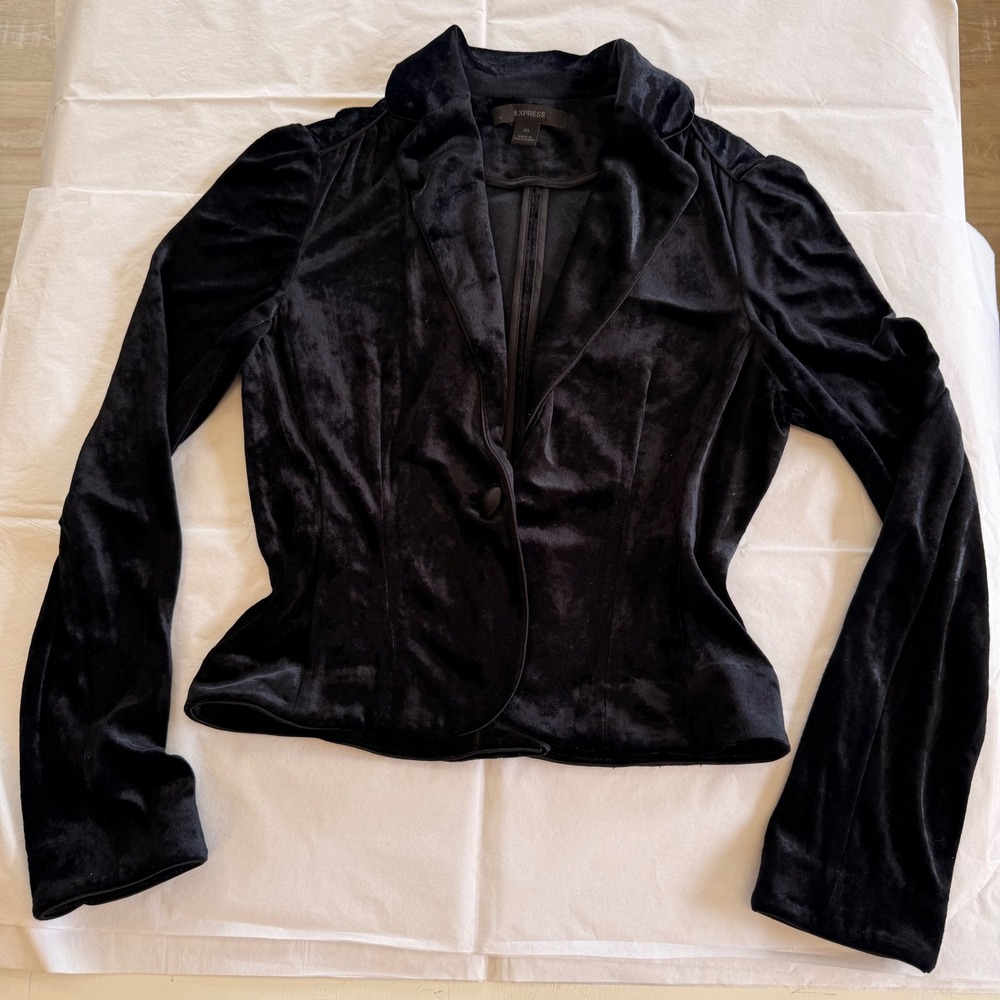 Express Velvet Blazer Women XS Black Good Cropped Single Button Notched Lapel